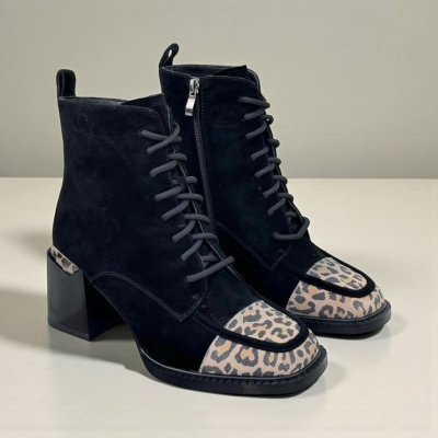 Ботинки женские зимние натуральная замша черные с леопардом 12009 Ботинки женские зимние натуральная замша черные с леопардом 12009