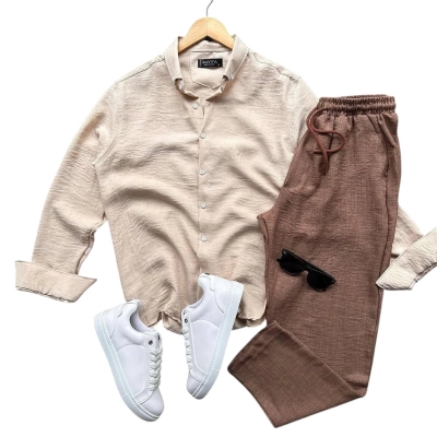 Мужской костюм двойка сингапур бежевый с коричневым 8065 Мужской костюм двойка сингапур бежевый с коричневым 8065