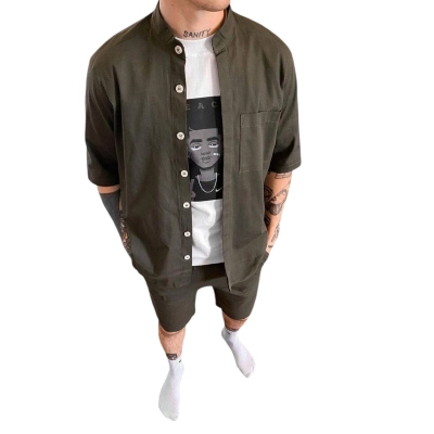 Мужской костюм двойка лен хлопок хаки 8086 Мужской костюм двойка лен хлопок хаки 8086