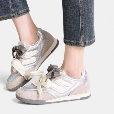 Кроссовки женские натуральная кожа с замшей серебристые бежевый D032-2 Кроссовки женские натуральная кожа с замшей серебристые бежевый D032-2