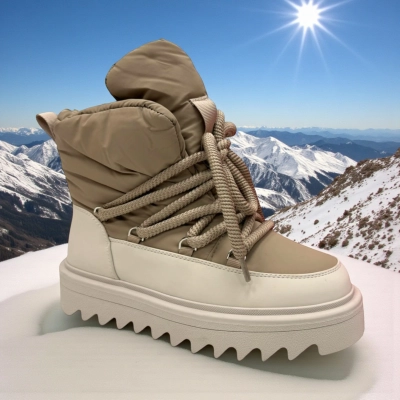 Дутики женские зимние PINDIAN пресс кожа с текстилем бежевые 10843 Дутики женские зимние PINDIAN пресс кожа с текстилем бежевые 10843