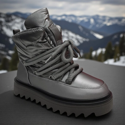 Дутики женские зимние PINDIAN пресс кожа с текстилем серебристые 10844 Дутики женские зимние PINDIAN пресс кожа с текстилем серебристые 10844