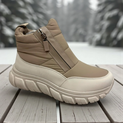 Дутики женские зимние PINDIAN пресс кожа с текстилем бежевые 10849 Дутики женские зимние PINDIAN пресс кожа с текстилем бежевые 10849