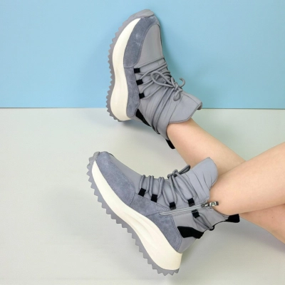 Дутики женские на зиму натуральная замша с текстилем серые X1052-6 Дутики женские на зиму натуральная замша с текстилем серые X1052-6