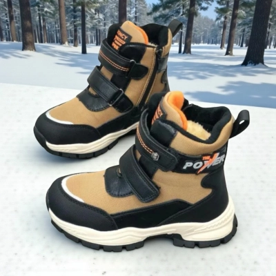 Ботинки детские на зиму искусственная кожа черные с мокко A6672-6 Ботинки детские на зиму искусственная кожа черные с мокко A6672-6