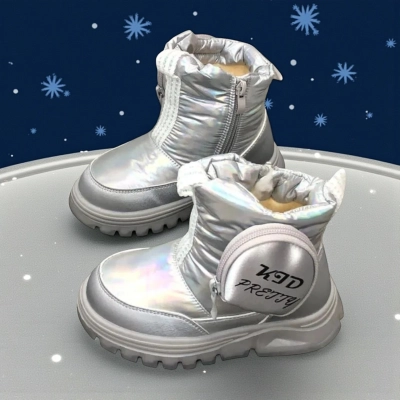 Дутики детские на зиму искусственная кожа с текстилем серебристые B6063-28 Дутики детские на зиму искусственная кожа с текстилем серебристые B6063-28