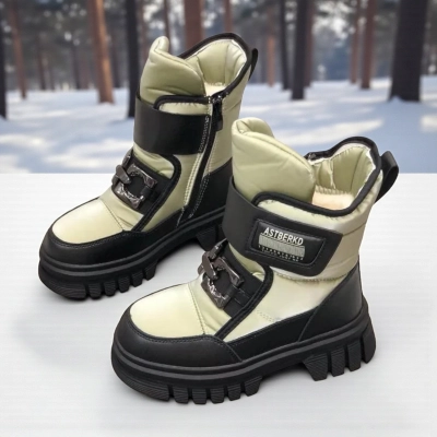 Дутики детские на зиму искусственная кожа с текстилем фисташковые B5007-16 Дутики детские на зиму искусственная кожа с текстилем фисташковые B5007-16