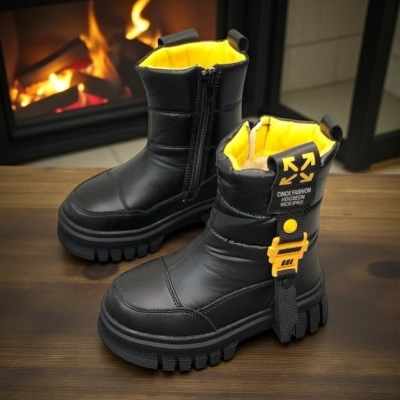 Дутики детские на зиму искусственная кожа с текстилем черные B5006-8 Дутики детские на зиму искусственная кожа с текстилем черные B5006-8